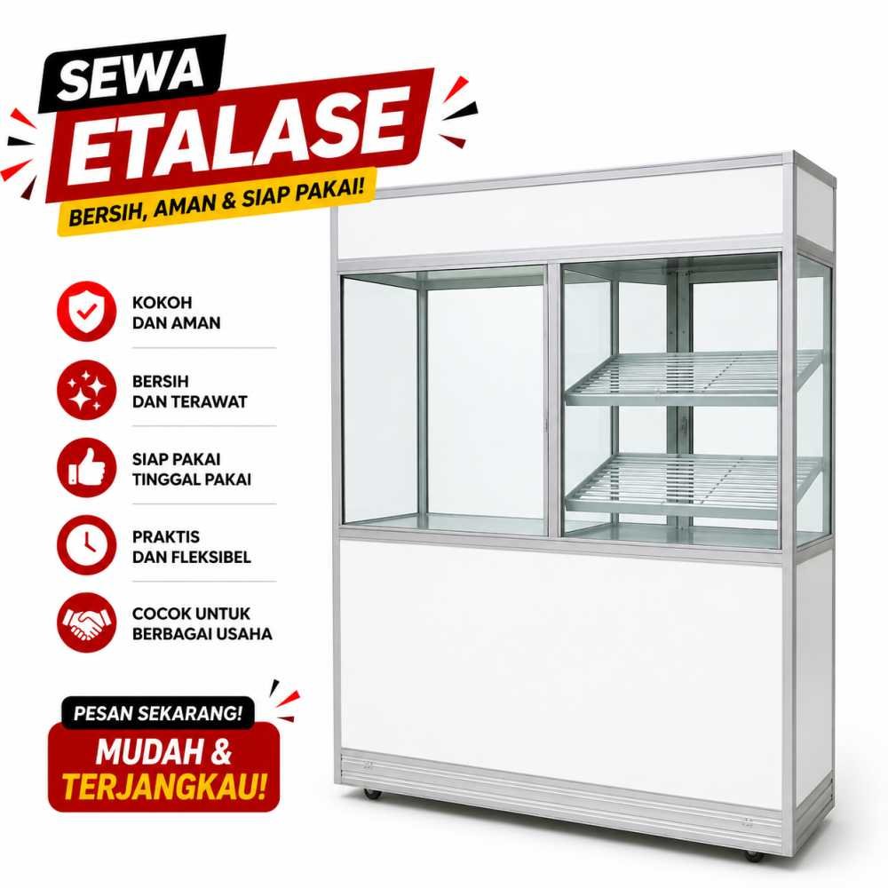 Sewa etalase jualan aluminium kaca siap pakai