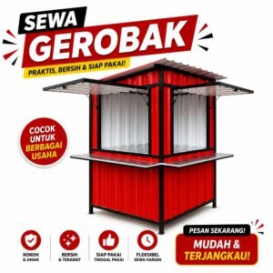 Sewa gerobak jualan portable warna merah siap pakai