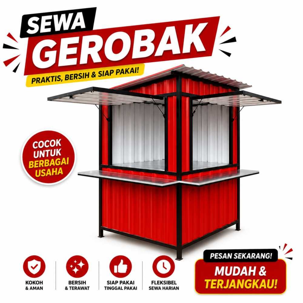 Sewa gerobak jualan portable warna merah siap pakai