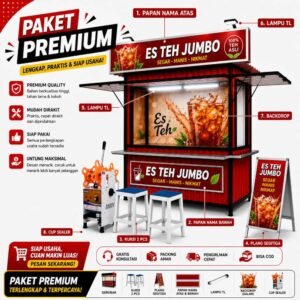 Sewa Gerobak Paket Premium lengkap backdrop lampu dan cup sealer